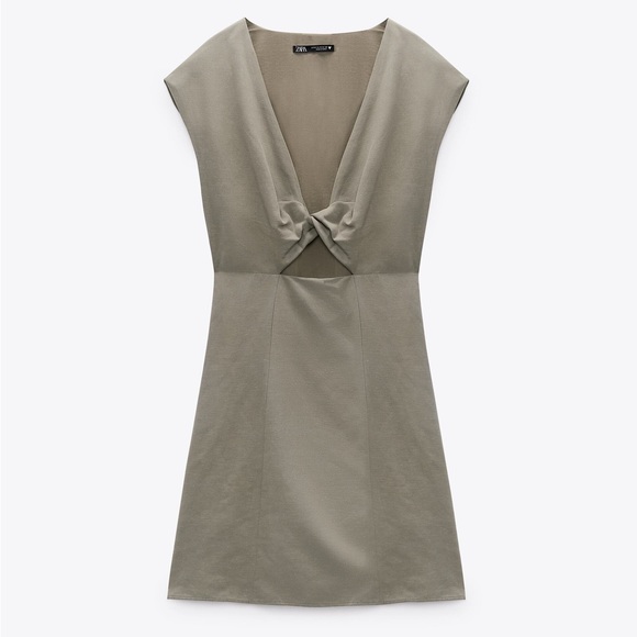 Zara army green linen twist front cutout mini dress - Picture 3 of 7
